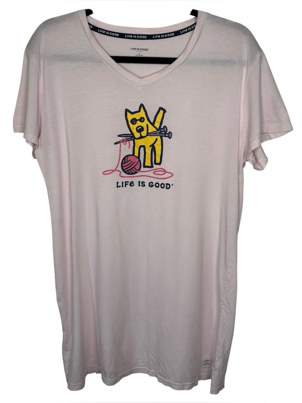 Life Is Good Light Pink Nightgown Sleep Shirt Dog Knitting Graphic Size L